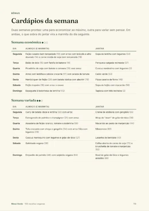 Página de cardápios da semana